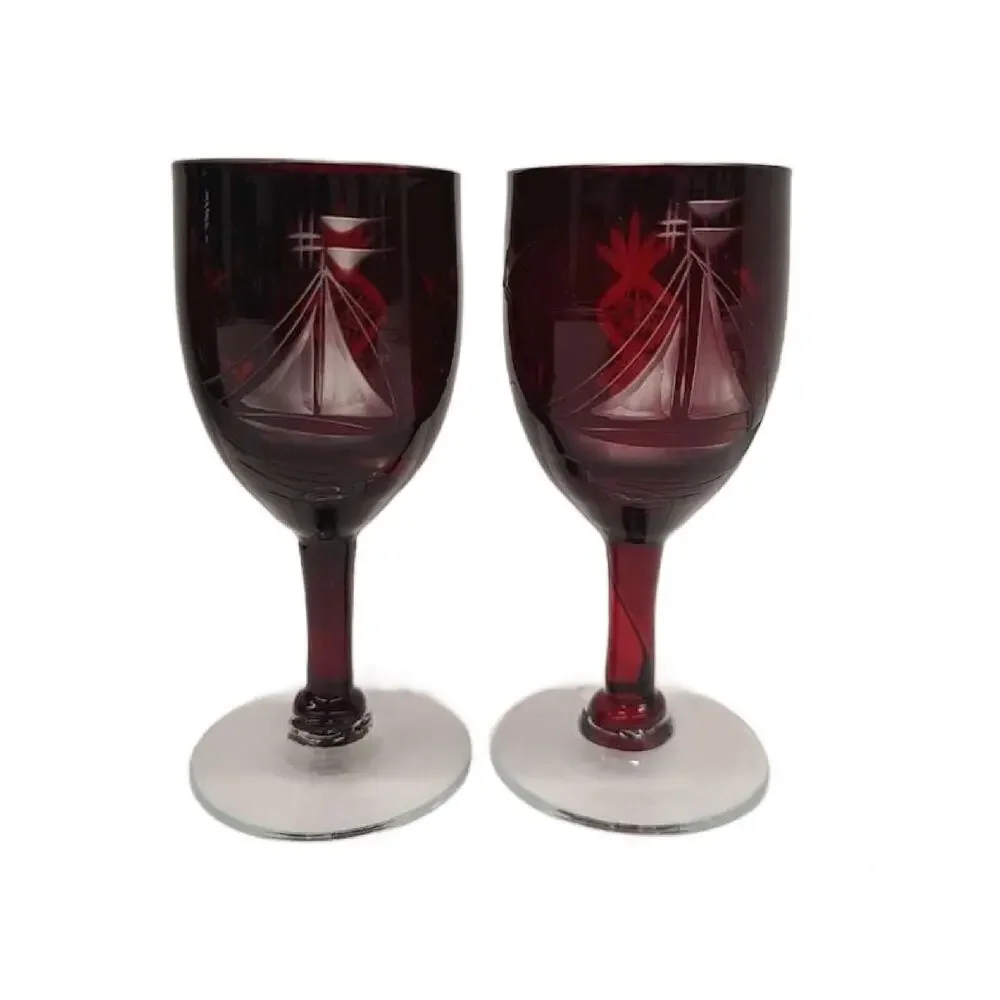 Mid Century Bohemia Cut to Clear Ruby Red Stemmed Cordial Decanter Set
